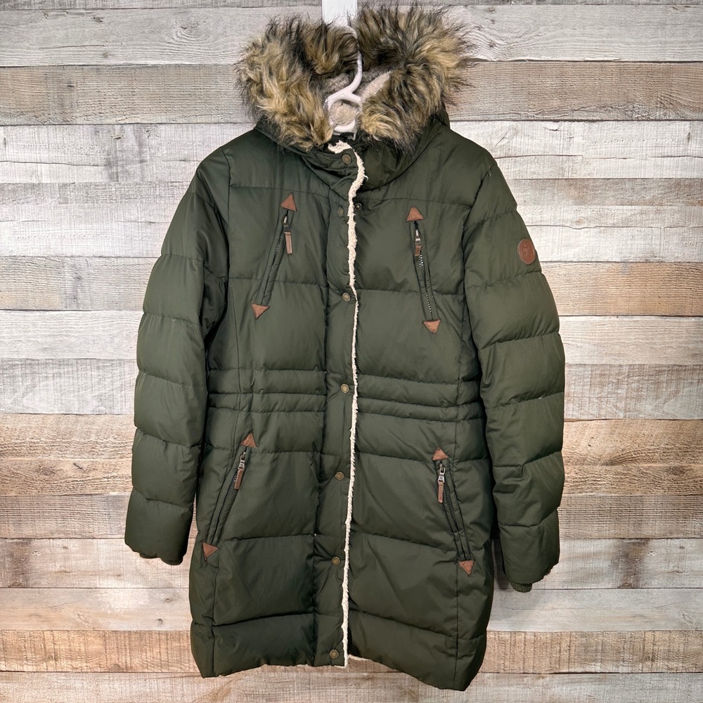 Lauren Ralph Lauren Olive Green Puffer Coat Faux Fur Hood Sherpa Lined Medium